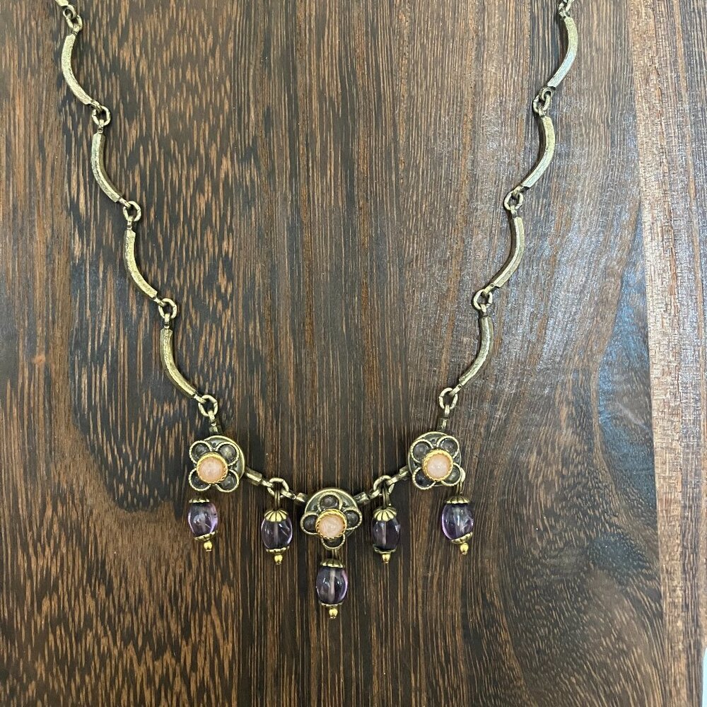 Vintage delicate necklace with rose and lavender flowers
